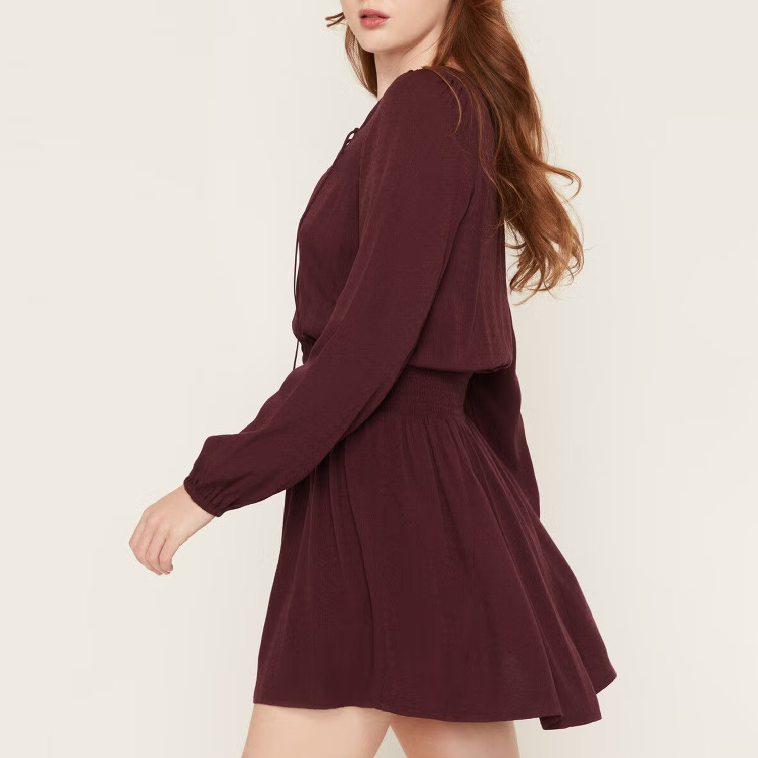 Red Lace‑Up V‑Neck Puff Long Sleeve Mini Dress