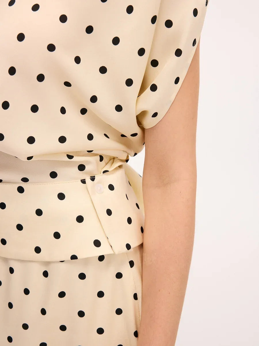 Asymmetric Off Shoulder Polka Dot Top & Lace Trim Midi Skirt Set