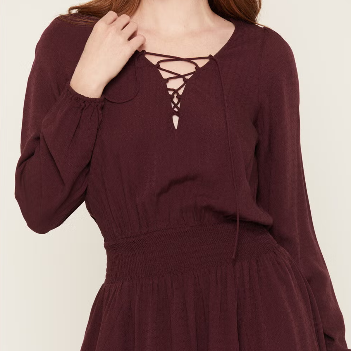 Red Lace‑Up V‑Neck Puff Long Sleeve Mini Dress