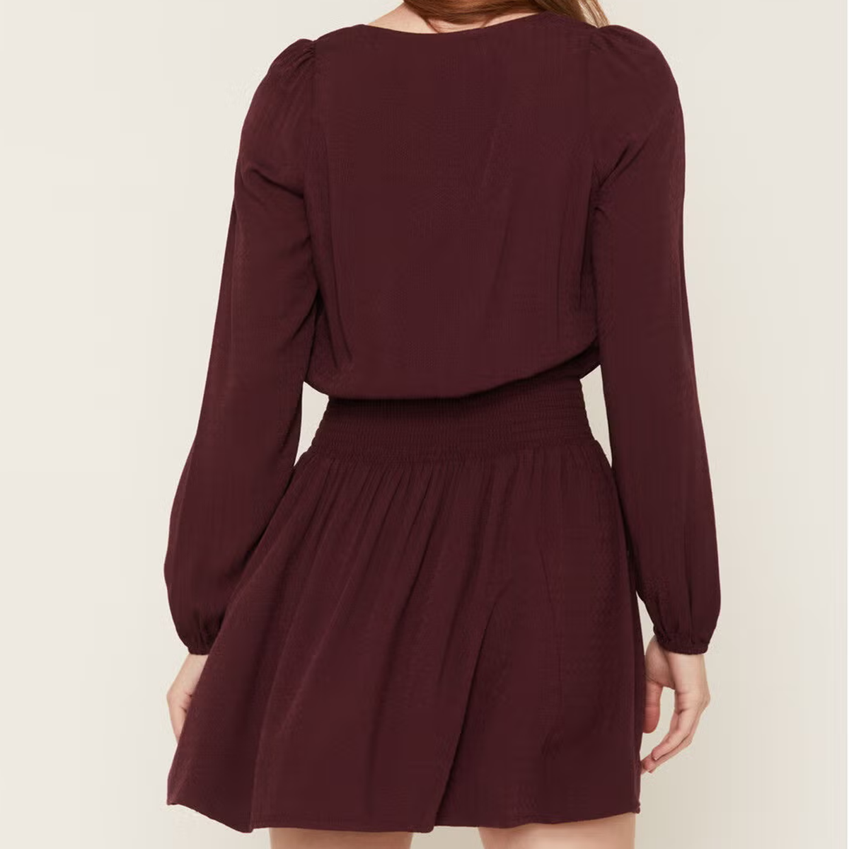Red Lace‑Up V‑Neck Puff Long Sleeve Mini Dress