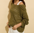 Slash Neck Openwork Linen Cotton Blend Long Sleeve Knit Jumper