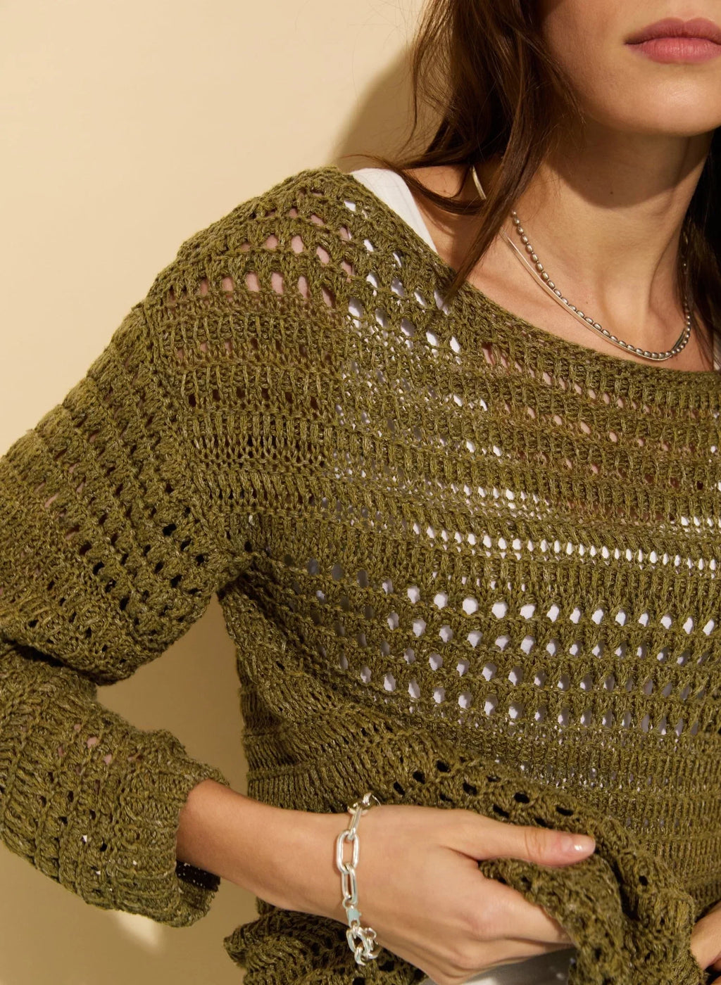 Slash Neck Openwork Linen Cotton Blend Long Sleeve Knit Jumper