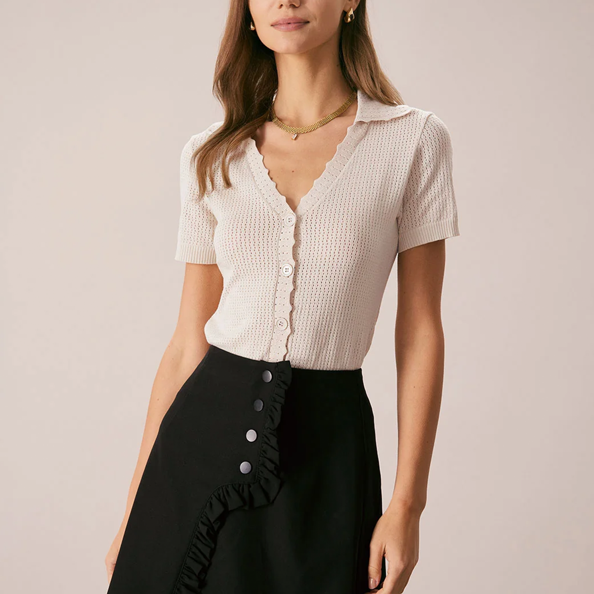 Pointelle Knit V‑Neck Button Short Sleeve Top