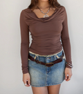 Draped Cowl Neck Side Ruched Long Sleeve Slim Fit Top