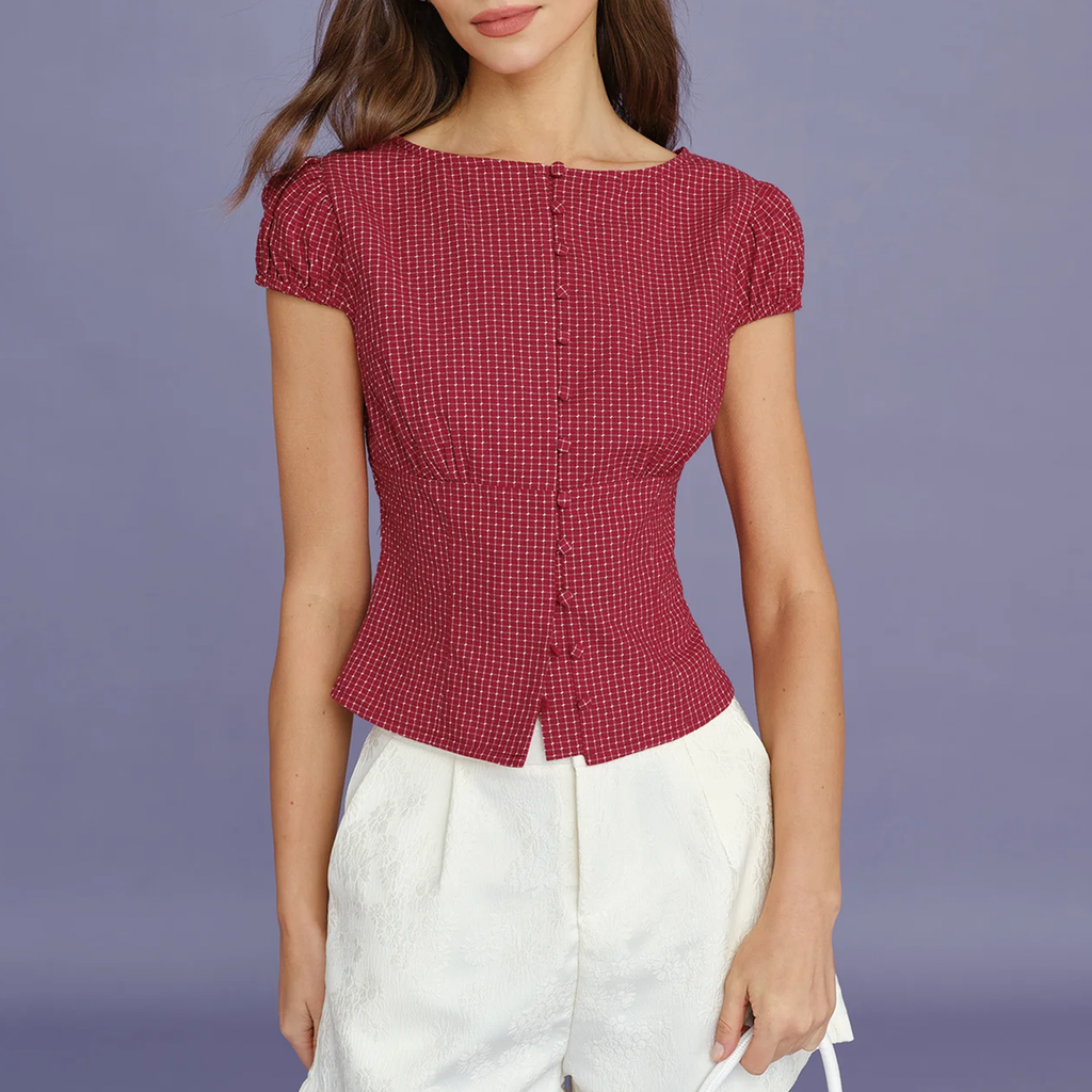 Boat‑Neck Plaid Cap‑Sleeve Slim Work Blouse