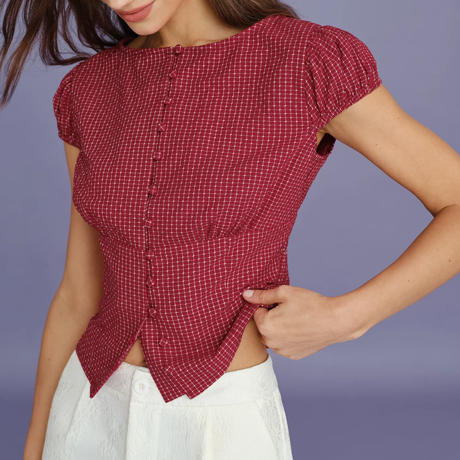 Boat‑Neck Plaid Cap‑Sleeve Slim Work Blouse