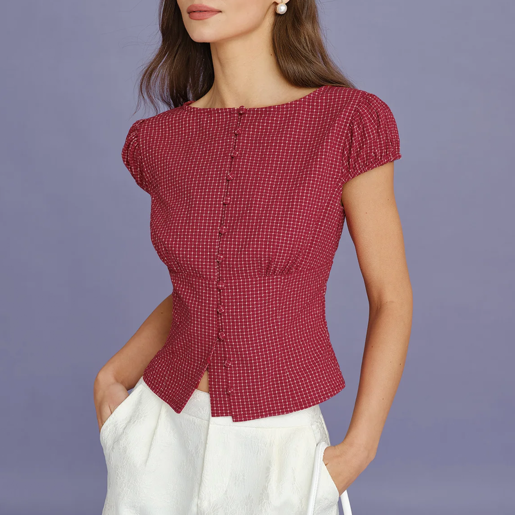 Boat‑Neck Plaid Cap‑Sleeve Slim Work Blouse
