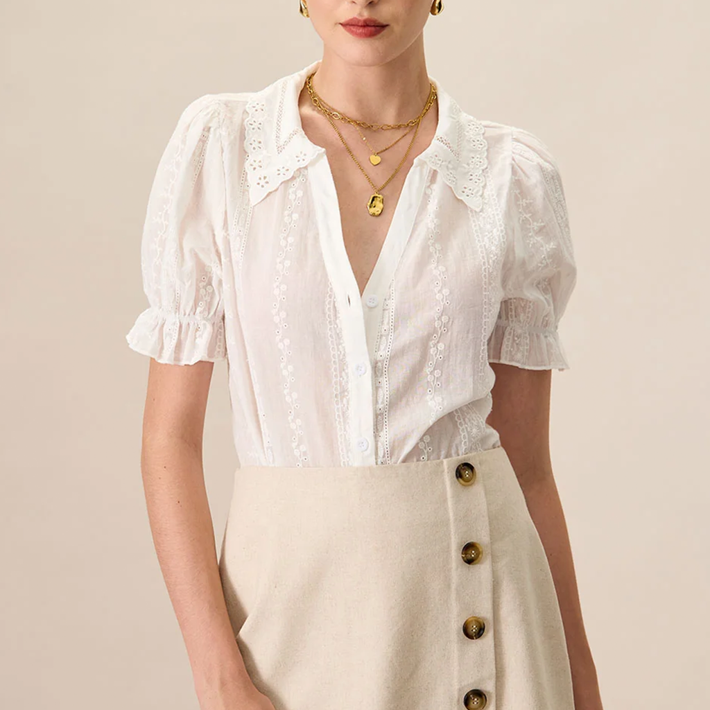 Collared Lace‑Embroidery Button‑Front Short Sleeve Blouse
