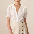 Collared Lace‑Embroidery Button‑Front Short Sleeve Blouse