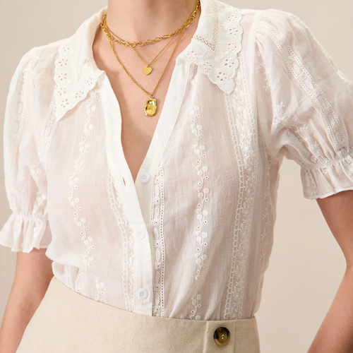 Collared Lace‑Embroidery Button‑Front Short Sleeve Blouse