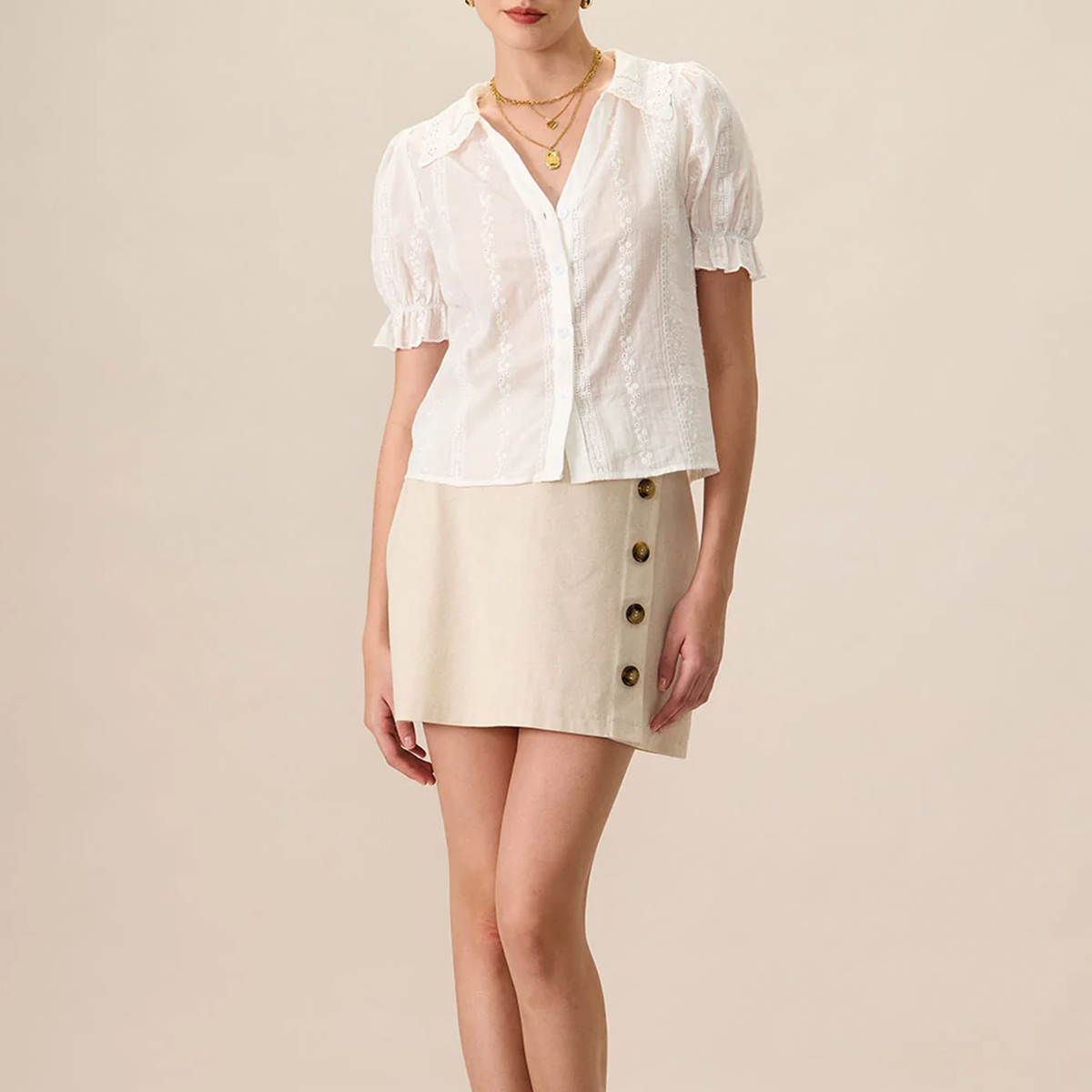 Collared Lace‑Embroidery Button‑Front Short Sleeve Blouse