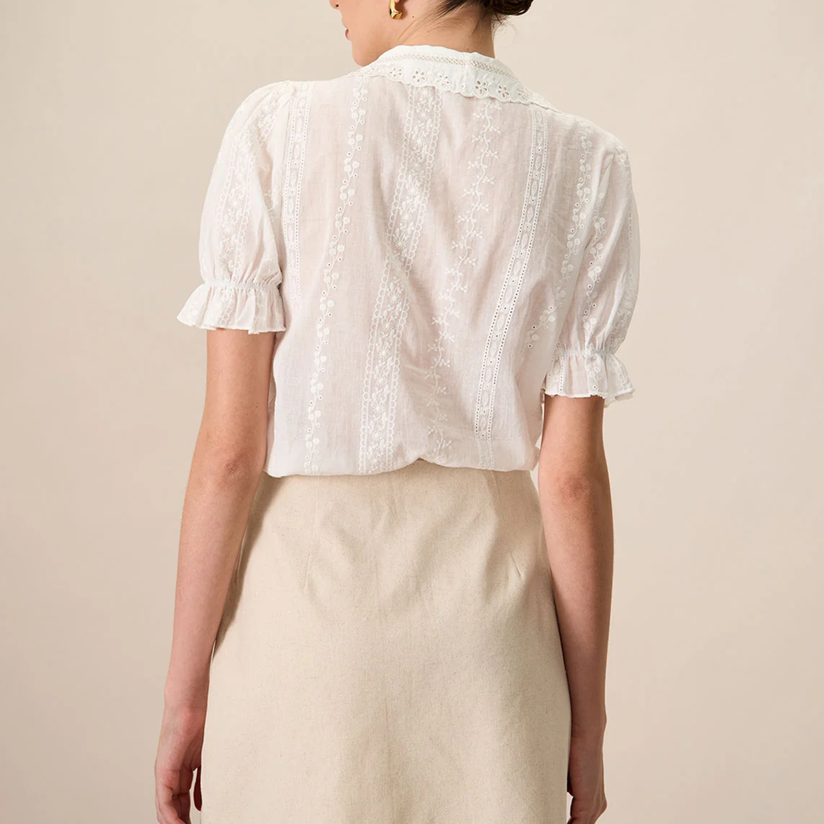 Collared Lace‑Embroidery Button‑Front Short Sleeve Blouse