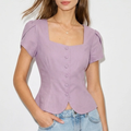 Purple Square‑Neck Petal Short Sleeve Slim Woven Blouse