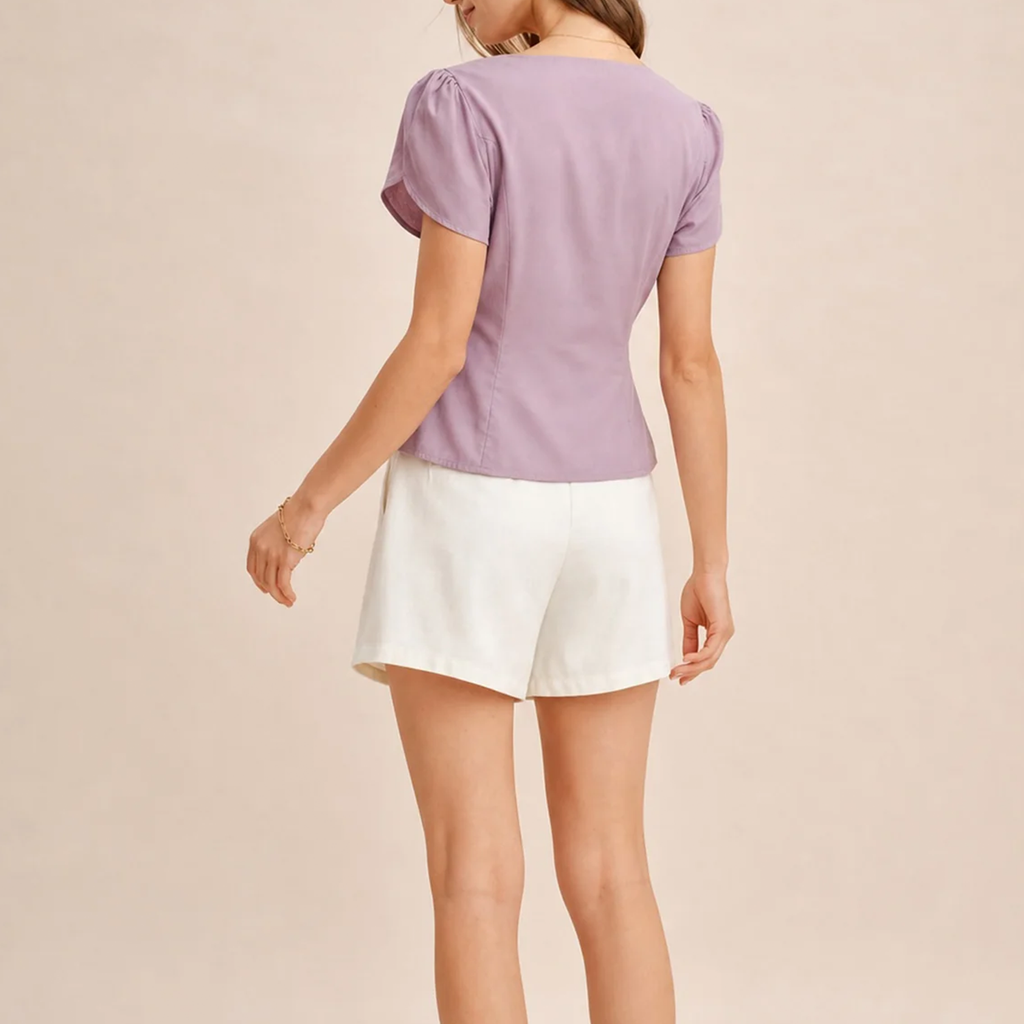 Purple Square‑Neck Petal Short Sleeve Slim Woven Blouse